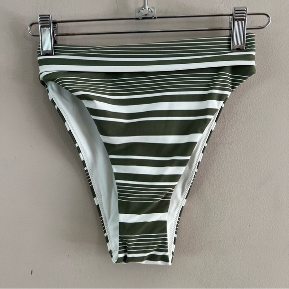 Aerie Women's High cut cheeky foldover bikini swim bottom green white stripe XS - Picture 1 of 6